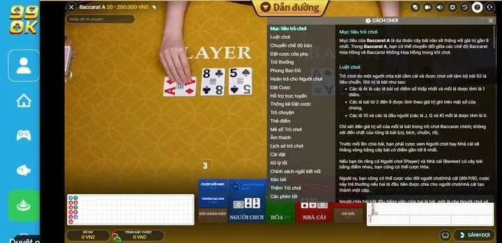 Các chức năng trong game Baccarat 99OK